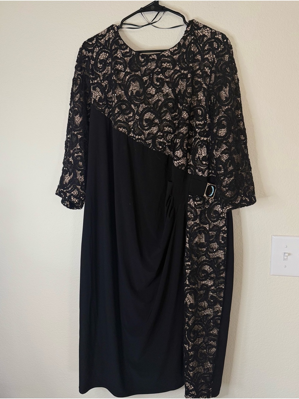 R&M Richards Black Lace & Nude Illusion Long Sleeve Dress